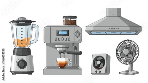 Collection of various household appliances includes a blender, a coffee maker, a range hood, a small space heater, and a desk fan.