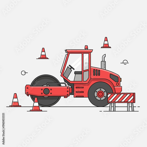 Red Road Roller Compactor Machine Operating On Construction Site With Traffic Cones