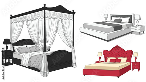 Three distinct bed styles are shown including a grand four-poster canopy bed, a modern gray bed, and a luxury red tufted headboard bed.