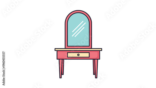 Pink wooden dressing table with an oval mirror and a single drawer shown in a simple flat vector line art illustration.
