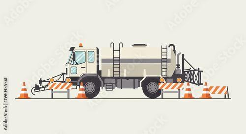 Specialized Municipal Street Sweeper Truck With Traffic Cones And Barricades Illustration