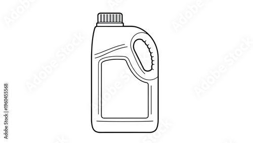 Line art drawing of a plastic canister or bottle for liquid products like motor oil or detergent with a side handle.