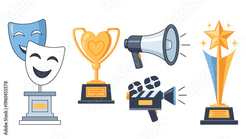 Entertainment and award icons featuring theater masks, trophies, a megaphone and a film camera symbolizing success in the arts.