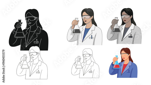 Female scientist in a white lab coat holding a chemical flask shown in diverse artistic styles including silhouette and line art.