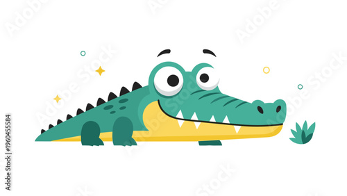 Smiling green cartoon alligator character with yellow belly and dark back scales shown in a flat vector illustration.