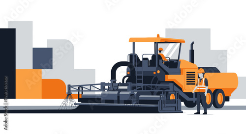 Specialized Road Construction Equipment With Worker And Cityscape Background
