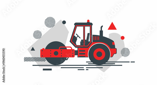 Red Road Roller Machine Industrial Construction Equipment Flat Design Style