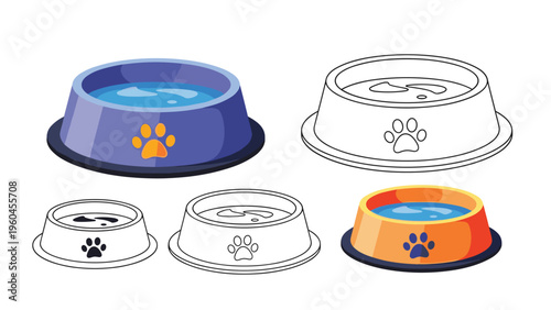 Range of pet feeding bowls for water or food shown in different colors and sizes with a paw print motif for dogs and cats.
