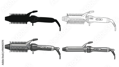 Professional hair styling tools featuring various models of curling irons and hair brushes in different artistic renderings.