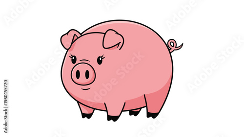 Adorable and plump pink pig character with small ears and a curly tail standing in a simple side view for children art.