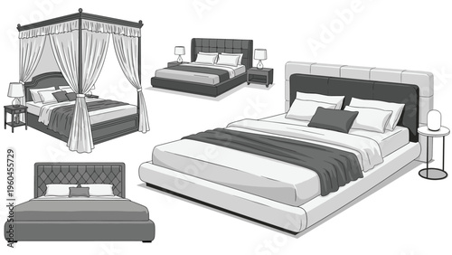 Selection of bedroom furniture showing different bed styles including a canopy bed and modern platform designs in grayscale.