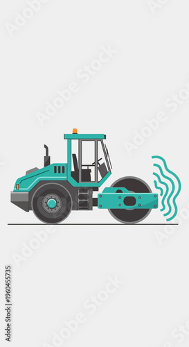 Turquoise Roller Compactor Machine Working On Road Construction Site
