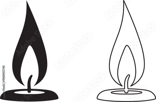 Candle flame icons, black and white, vector illustrations, flame symbols, candlelight graphics