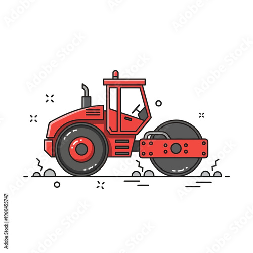 Red Steamroller Compacting Road Surface Construction Heavy Machine Illustration