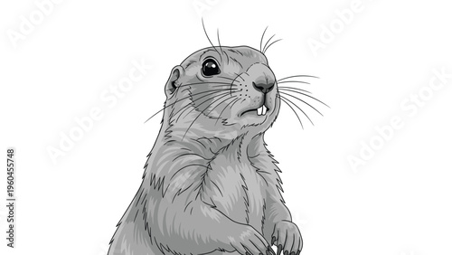 Detailed grayscale illustration of a prairie dog head showing its alert expression, whiskers and small ears in close up.