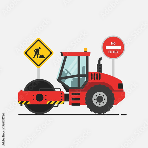 Red Steamroller Compacts Road Surface Near Construction Signage