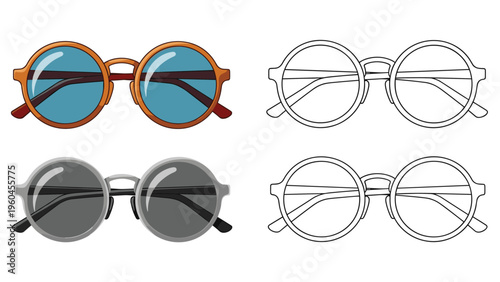 Trendy round sunglasses shown in four distinct graphic styles including brown frames with blue lenses and simple outlines.