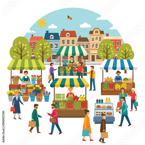 Bustling outdoor market scene with stalls selling flowers, produce, and pastries under colorful awnings