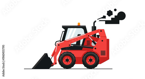 Red Skid Steer Loader Vehicle With Bucket And Exhaust Emission