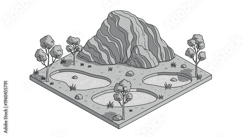 Isometric landscape scene featuring a large layered mountain, green trees and three small ponds on a plot of land.