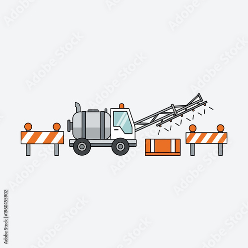 Specialized Sprayer Vehicle Operates Amidst Road Work Barriers Construction