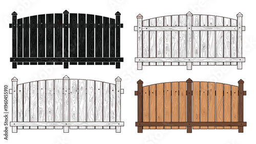 Four variations of a wooden garden fence section are displayed showing different artistic styles like silhouette, outline, and wood grain.