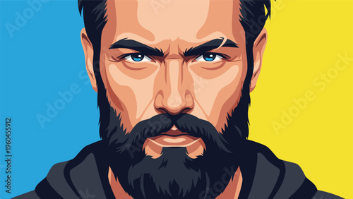 Close-up portrait of a serious man with a well-groomed dark beard and striking blue eyes is set against a split blue and yellow background.