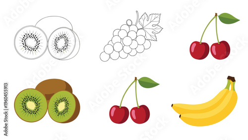 Assorted fruit icons including kiwi halves, a bunch of grapes, red cherries, and yellow bananas are shown in various illustrative styles.