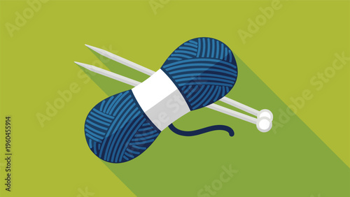 Flat design illustration features a dark blue ball of yarn pierced by two knitting needles casting a long shadow on a green background.