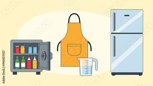Composition of kitchen items includes a safe containing jars of food, a yellow apron, a measuring cup, and a double-door refrigerator.
