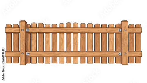 Section of a traditional wooden picket fence is illustrated with realistic wood grain textures and metal brackets connecting the planks.