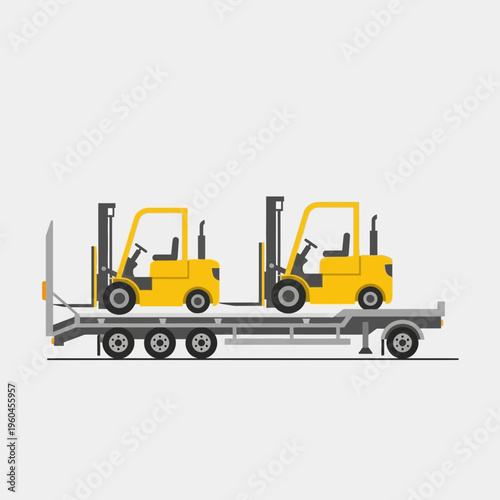 Two Yellow Forklifts Transported On A Flatbed Trailer Side View