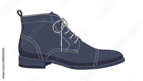 Side profile of a stylish dark blue ankle boot features white stitching details, gray laces, and a small pull tab on the back of the heel.