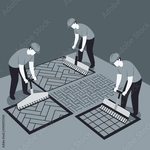 Skilled Artisans Laying Intricate Flooring Patterns With Precision And Care