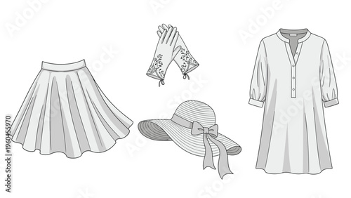 Sketches of female fashion items include a flared skirt, a pair of elegant gloves with floral patterns, a sun hat, and a long tunic dress.