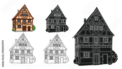 Traditional half-timbered house is depicted in five unique artistic styles ranging from full color and detail to a solid black silhouette.