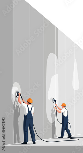 Skilled Artisans Precisely Sanding Large Walls With Power Tools