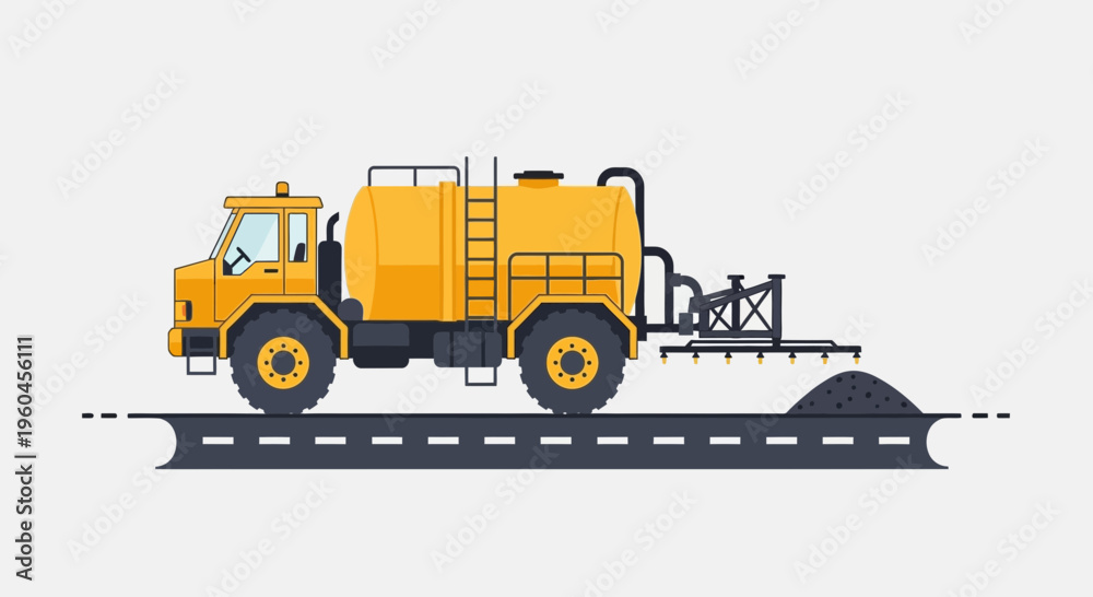 Obraz premium Road Construction Asphalt Sprayer Machine Vehicle Driving On Road
