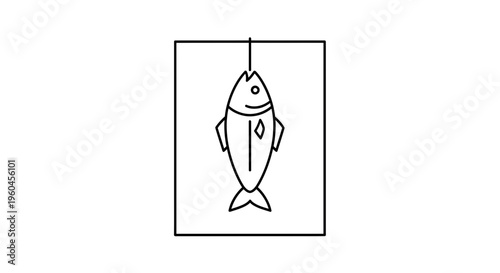 Clean minimalist line art illustration of a hanging fish inside a simple rectangular frame