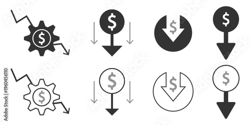 Price concepts, thin line icon set. Symbol collection in transparent background. Editable vector stroke. Cost Reduction Icon Set Vector Collection. Decrease icon set, logo vector 