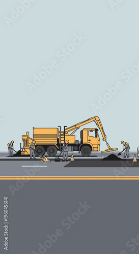 Road Construction Crew Working with Asphalt Paving Machine and Truck