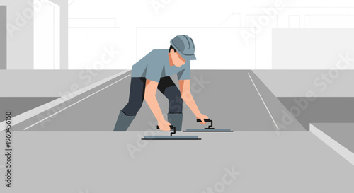 Skilled Construction Worker Polishing Concrete Surface With Trowels