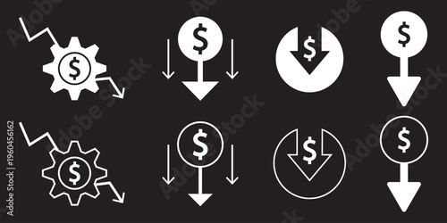 Price concepts, thin line icon set. Symbol collection in transparent background. Editable vector stroke. Cost Reduction Icon Set Vector Collection. Decrease icon set, logo vector 
