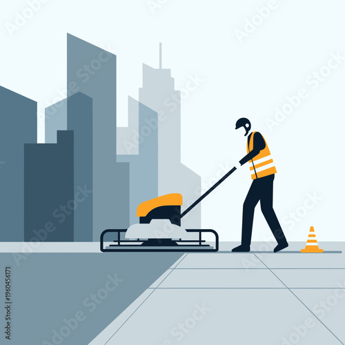 Urban Construction Worker Operating Concrete Trowel Machine Downtown Cityscape