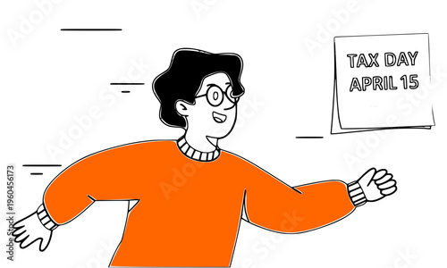 Cartoon man in orange sweater pointing to Tax Day April 15 sign — cute doodle character illustration for annual income tax filing deadline reminder and financial awareness design