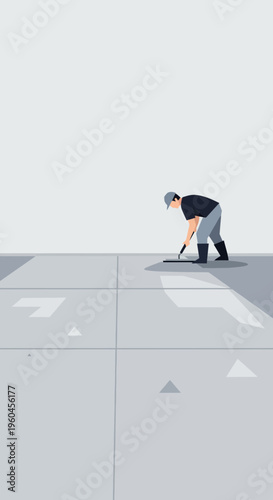 Skilled Construction Worker Professionally Finishes Concrete Surface With Tools