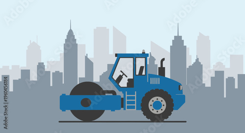 Urban Construction Vehicle With City Skyline Background Flat Design