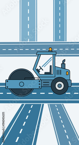 Road Construction Roller Machine Working on Asphalt Surface Illustration