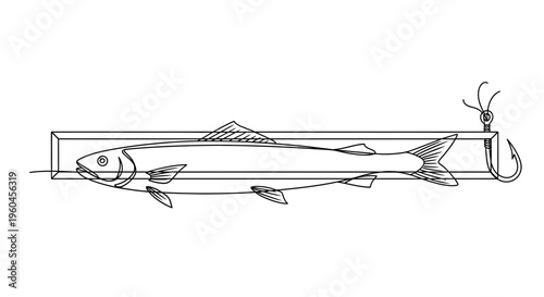 Minimalist line art illustration portraying a fish secured as bait on a fishing hook conceptual