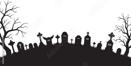 Halloween graveyard silhouette, spooky cemetery scene, black vector illustration, haunted graveyard landscape